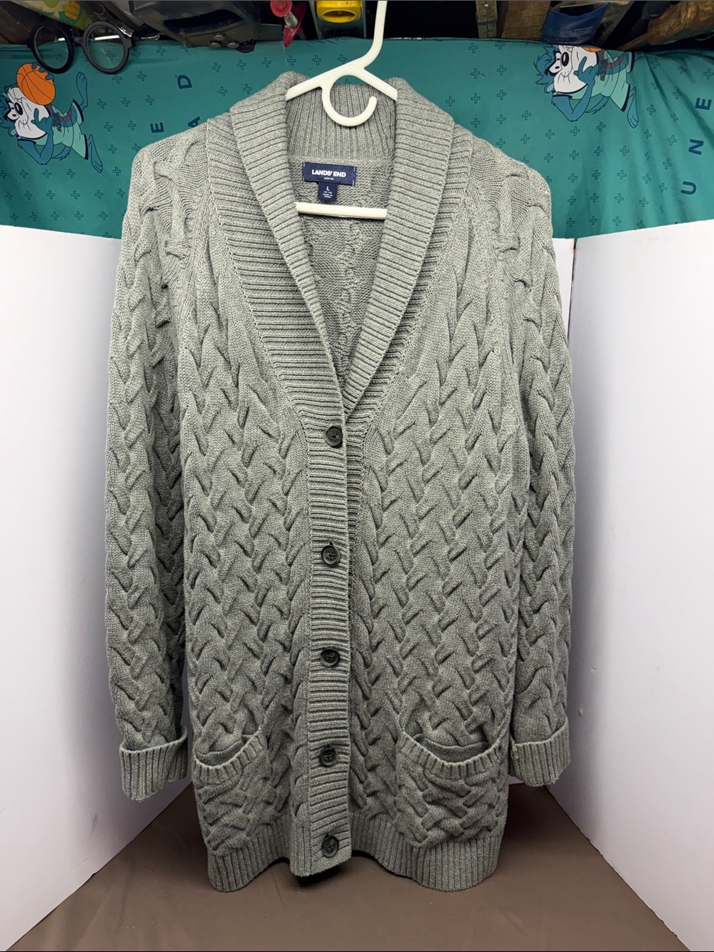 Lands' End Women's Greenish Gray Cable-Knit Button Cardigan Sweater